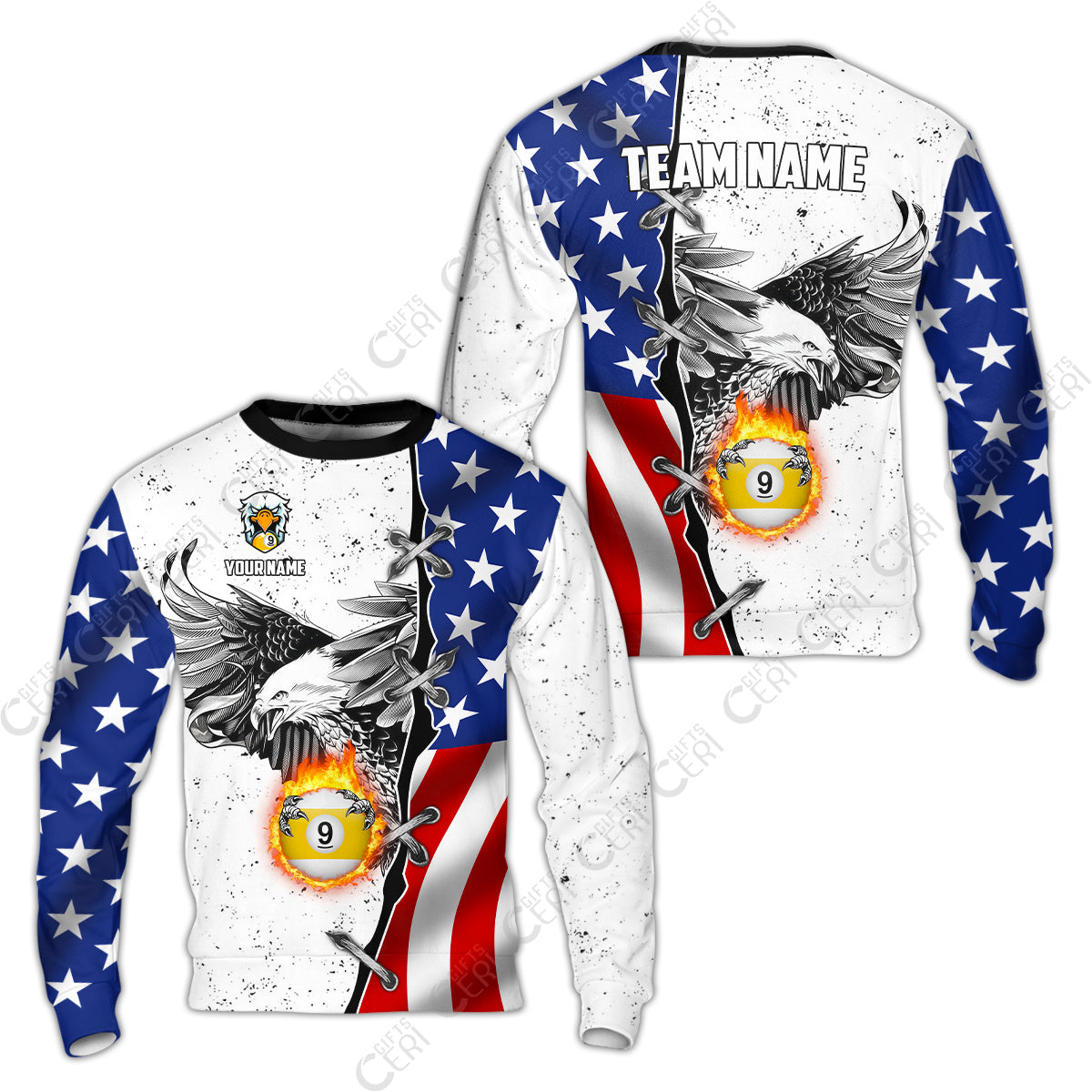 Customized Billiards Sweatshirt, US Flag White Eagle Flame Pin Dust Pattern Personalized Billiard 9 Ball Jersey
