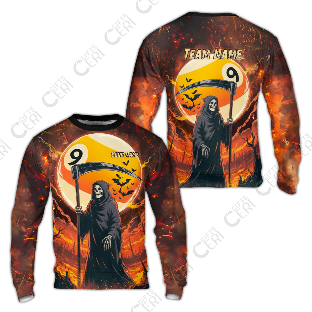 Customized Billiards Sweatshirt, Personalized Halloween Grim Reaper Death Shot 9 Ball Jersey Gift For Billiard Players