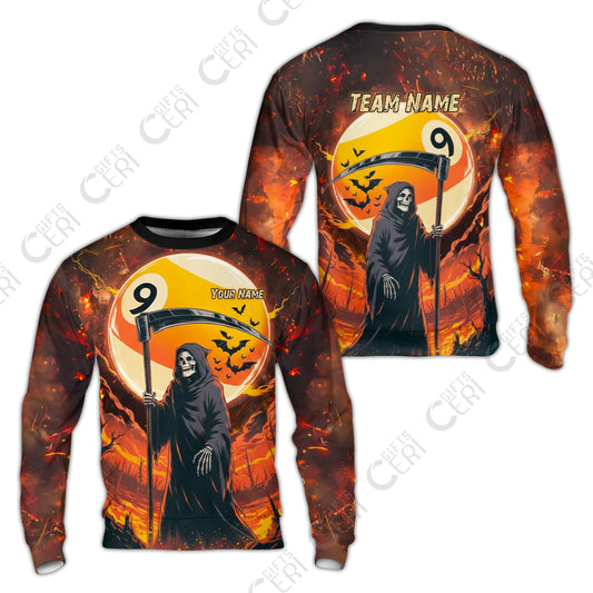 Customized Billiards Sweatshirt, Personalized Halloween Grim Reaper Death Shot 9 Ball Jersey Gift For Billiard Players