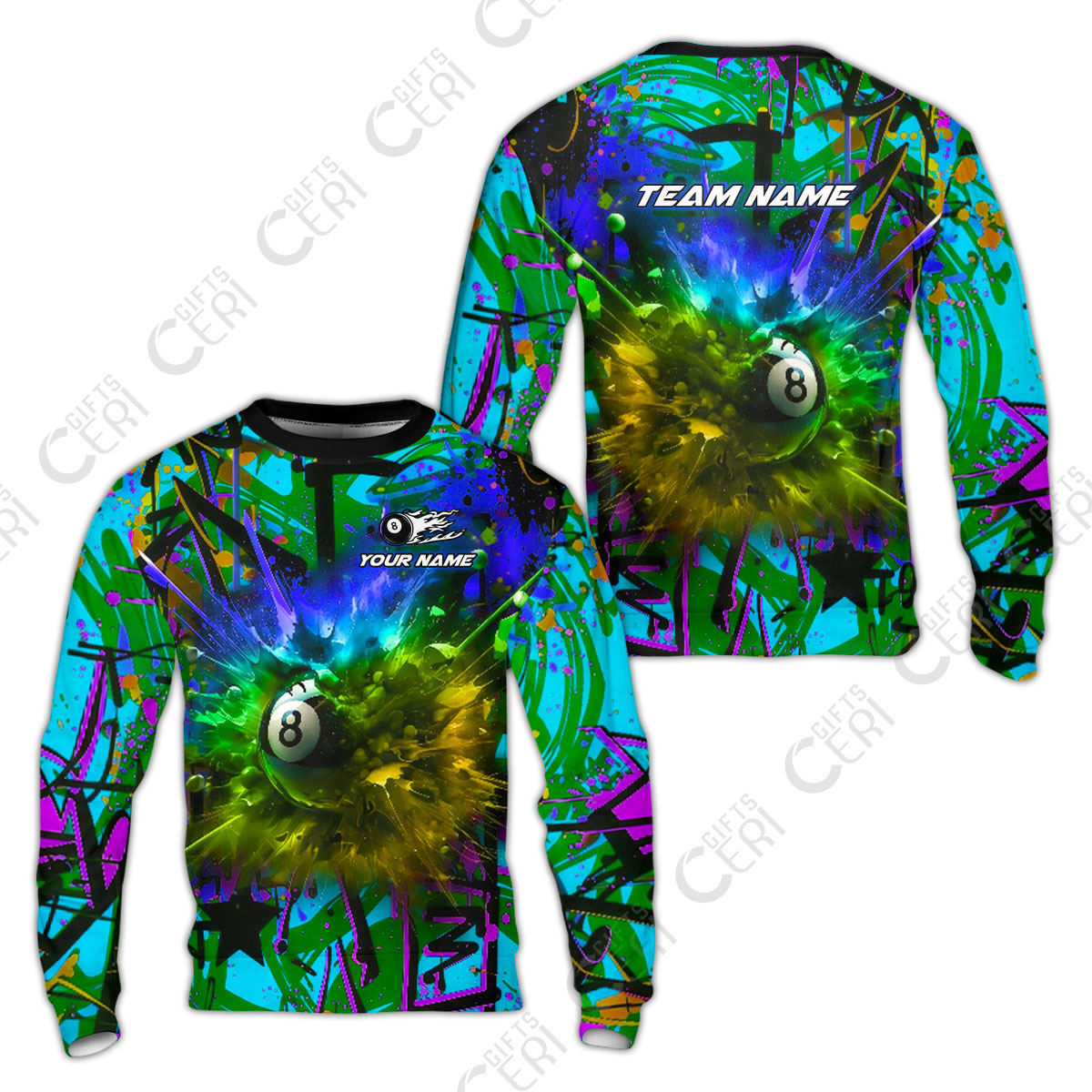Customized Billiards Sweatshirt, Personalized Neon Chaos 8 Ball Jersey Gift For Billiard Players