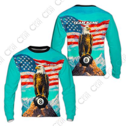 Customized Billiards Sweatshirt, Personalized American Flag With Eagle 8 Ball Jersey Gift For Billiard Players