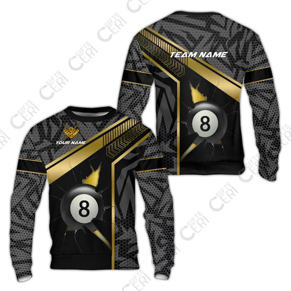 Customized Billiards Sweatshirt, Personalized Hexagonal Patterns With A Cracked Glass 8 Ball Jersey