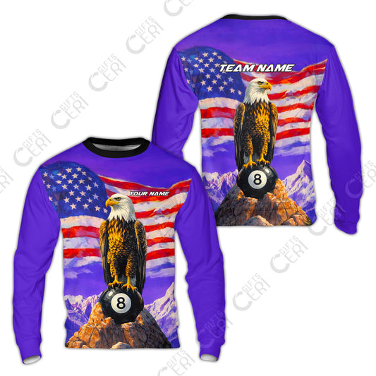 Customized Billiards Sweatshirt, Personalized American Flag With Eagle 8 Ball Jersey Gift For Billiard Players