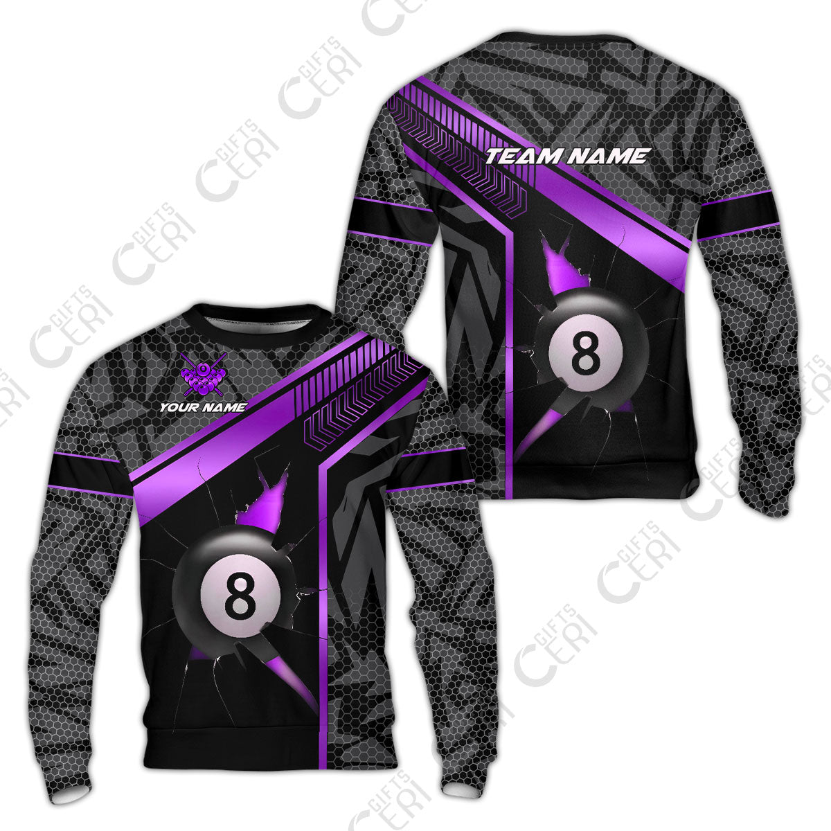 Customized Billiards Sweatshirt, Personalized Hexagonal Patterns With A Cracked Glass 8 Ball Jersey