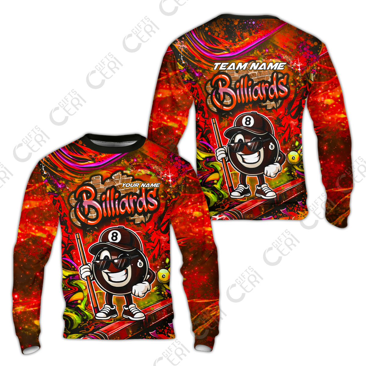 Customized Billiards Sweatshirt, Personalized Street Graffiti 8 Ball Jersey Gift For Billiard Players