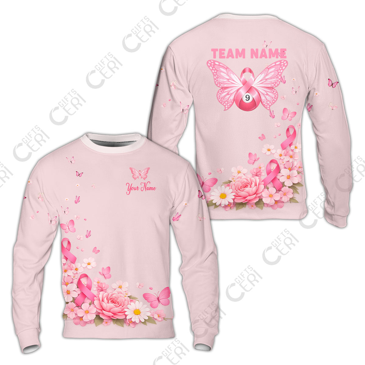 Customized 9 Ball Pool Sweatshirt, Floral Butterfly Billiards 9-Ball, Personalized Billiards Jersey