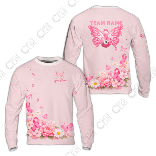 Customized 8 Ball Pool Sweatshirt, Floral Butterfly Billiards 8-Ball, Personalized Billiards Jersey