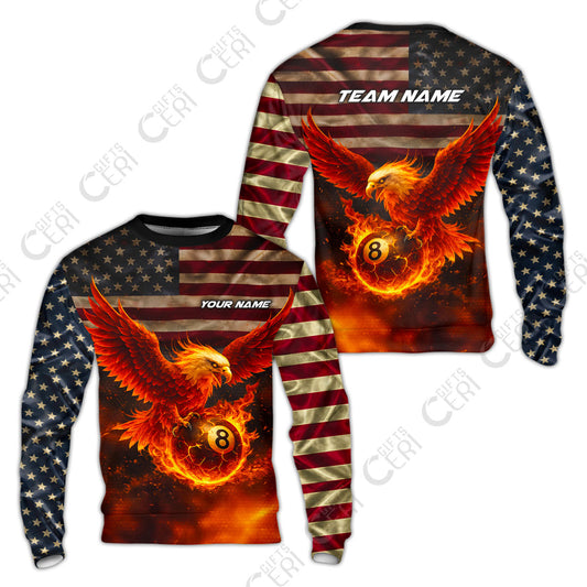 Customized 8 Ball Pool Sweatshirt, Billiards 8-Ball American Flag Fire Eagle, Billiards Jerseys