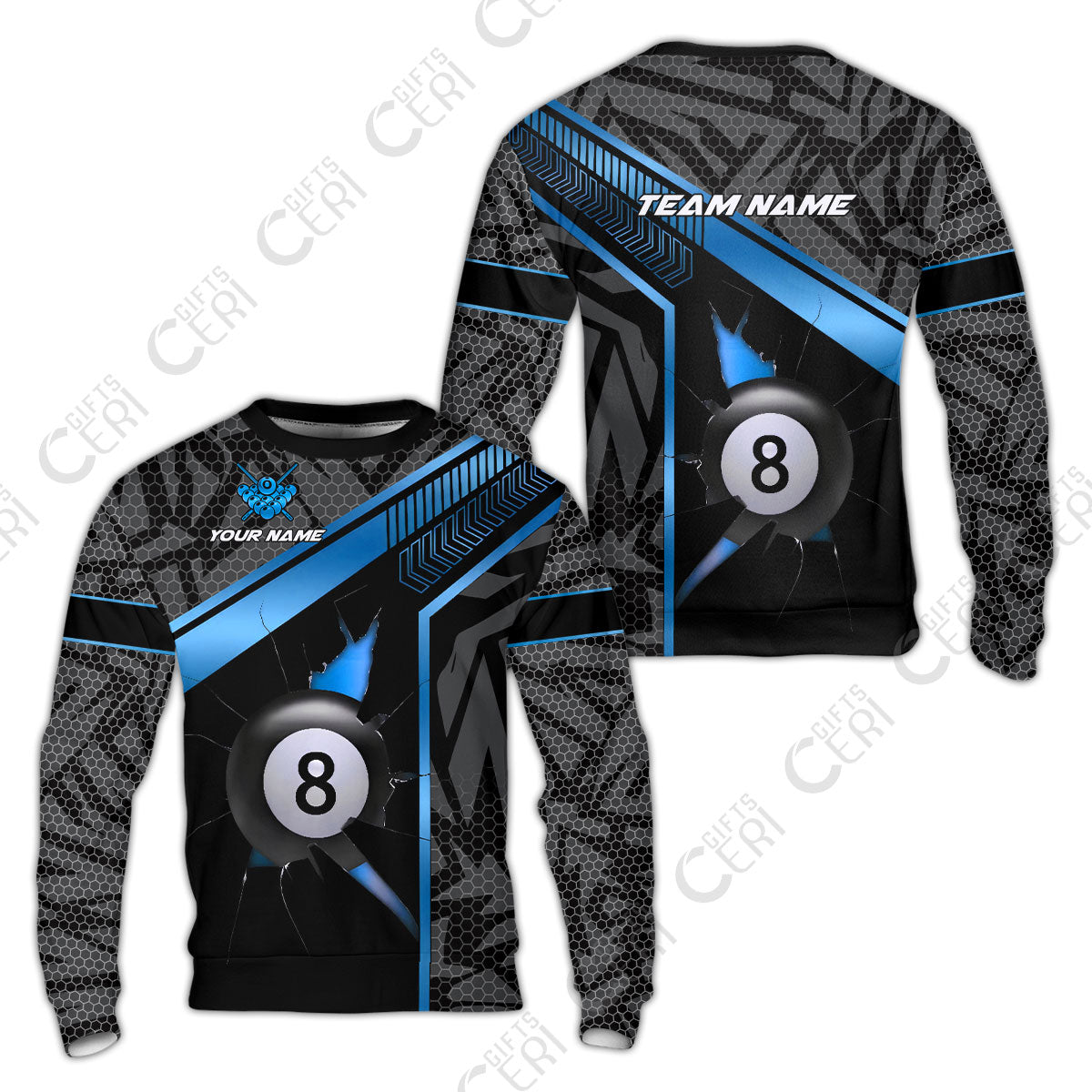Customized Billiards Sweatshirt, Personalized Hexagonal Patterns With A Cracked Glass 8 Ball Jersey
