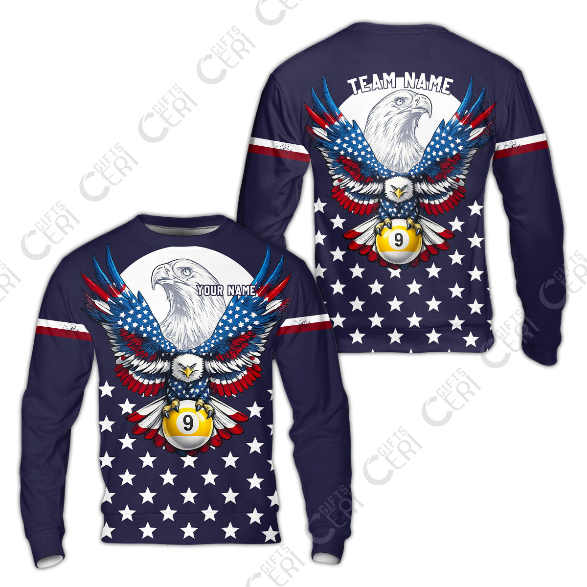 Customized 9 Ball Pool Sweatshirt, American Eagle Billiards 9-Ball, Personalized Billiards Jersey
