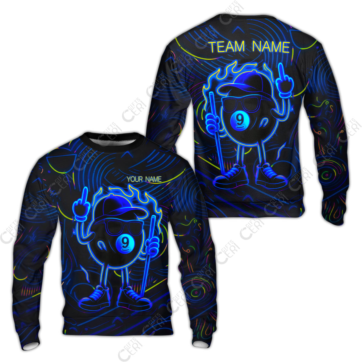 Customized 9 Ball Pool Sweatshirt, 9-Ball Billiard Neon Cartoon Flaming, Billiard Jerseys