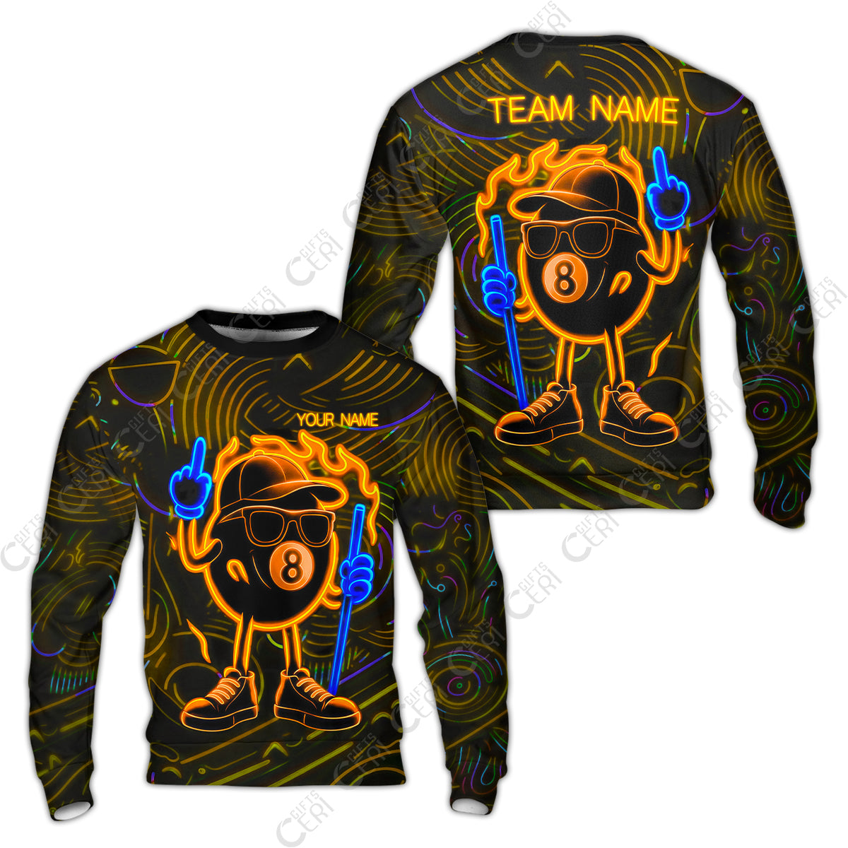 Customized 8 Ball Pool Sweatshirt, 8-Ball Billiard Neon Cartoon Flaming, Billiard Jerseys