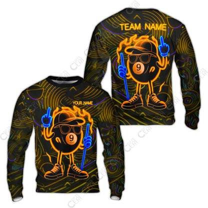 Customized 9 Ball Pool Sweatshirt, 9-Ball Billiard Neon Cartoon Flaming, Billiard Jerseys
