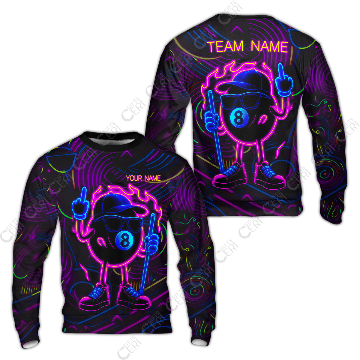 Customized 8 Ball Pool Sweatshirt, 8-Ball Billiard Neon Cartoon Flaming, Billiard Jerseys
