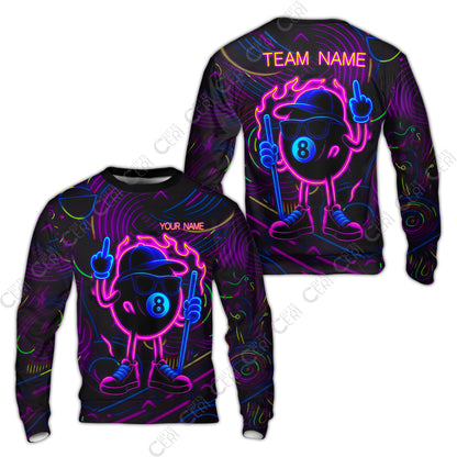 Customized 8 Ball Pool Sweatshirt, 8-Ball Billiard Neon Cartoon Flaming, Billiard Jerseys