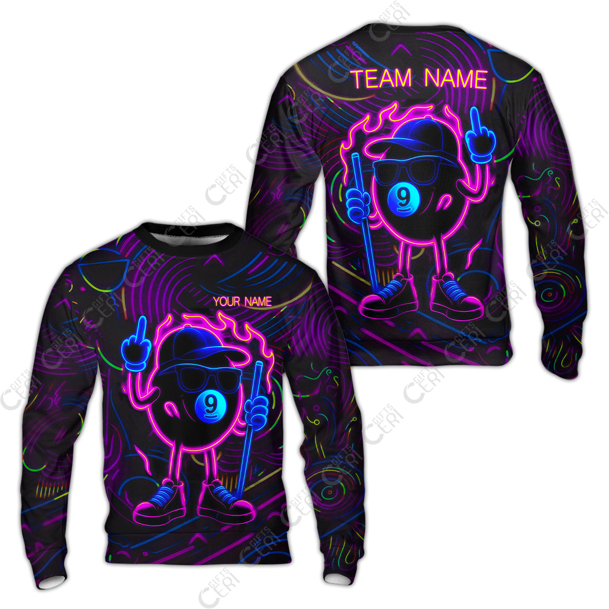Customized 9 Ball Pool Sweatshirt, 9-Ball Billiard Neon Cartoon Flaming, Billiard Jerseys
