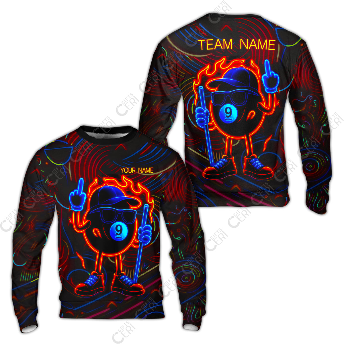 Customized 9 Ball Pool Sweatshirt, 9-Ball Billiard Neon Cartoon Flaming, Billiard Jerseys