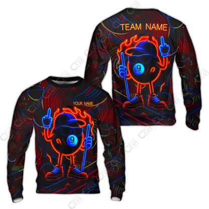 Customized 9 Ball Pool Sweatshirt, 9-Ball Billiard Neon Cartoon Flaming, Billiard Jerseys