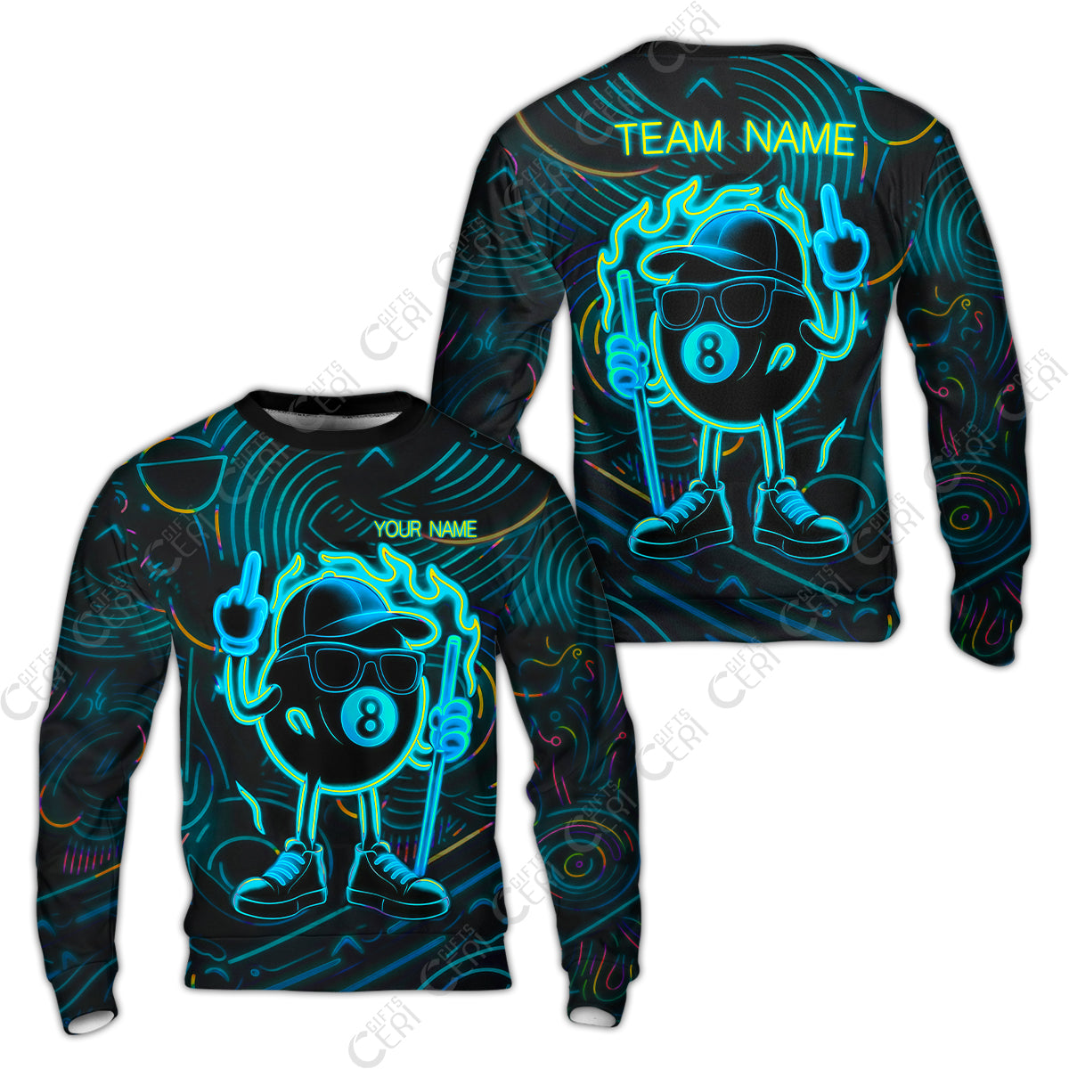 Customized 8 Ball Pool Sweatshirt, 8-Ball Billiard Neon Cartoon Flaming, Billiard Jerseys