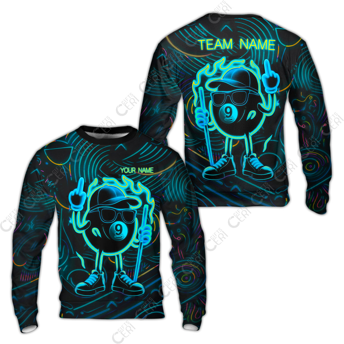 Customized 9 Ball Pool Sweatshirt, 9-Ball Billiard Neon Cartoon Flaming, Billiard Jerseys