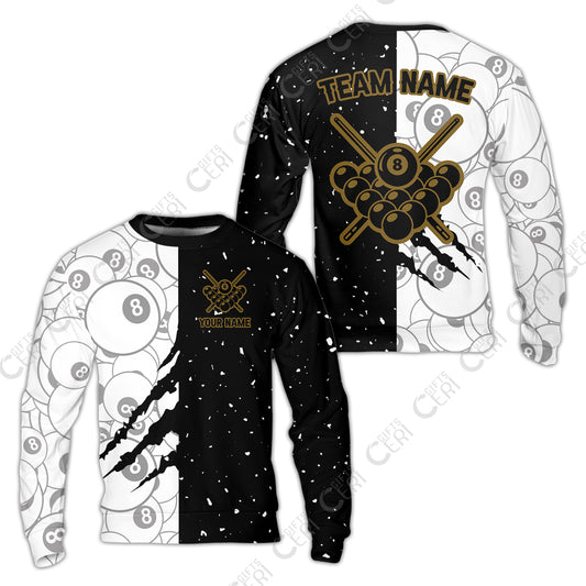 Customized Billiards Sweatshirt, Triangle Rack Of Balls With Crossed Cue Sticks 8 Ball Pool Jersey