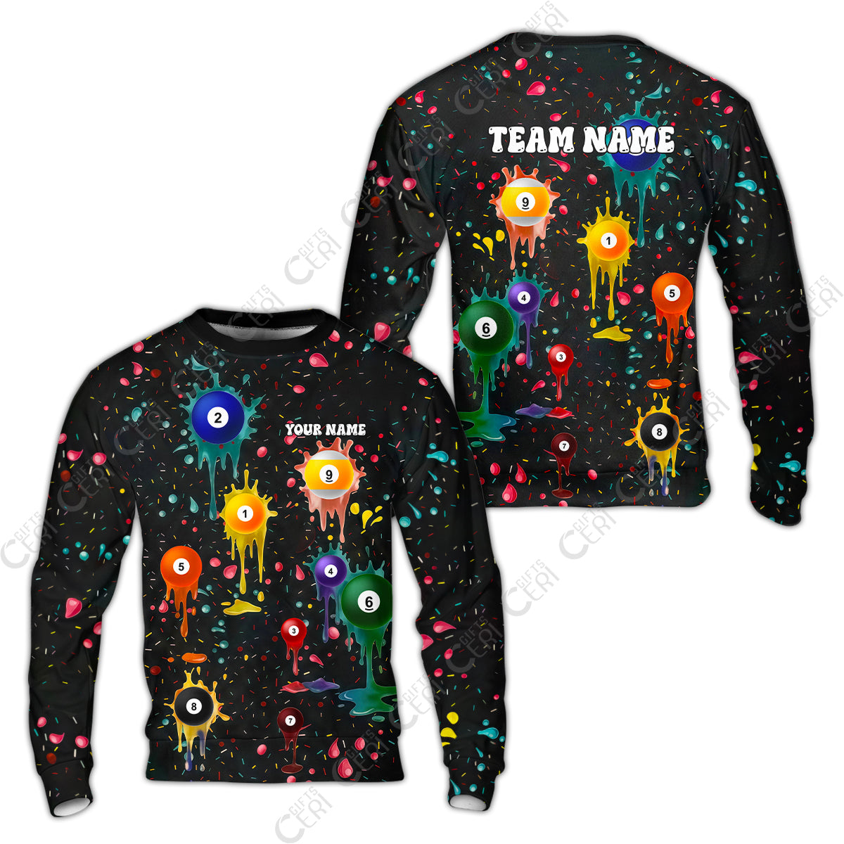Customized 9 Ball Pool Sweatshirt, Billiards 9-Ball Colorful Paint-Splash, Billiards Jerseys