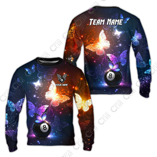 Customized 8 Ball Pool Sweatshirt, Billiard Butterfly Sparkle 8-Ball, Personalized Billiards Jersey