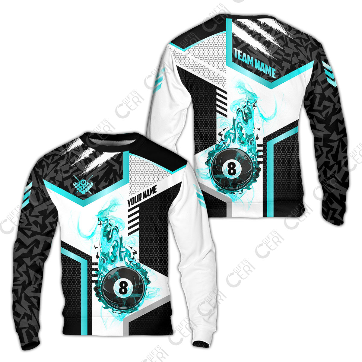 Customized Billiards Sweatshirt, Flaming 8-Ball Graphic, 8 Ball Pool Jersey