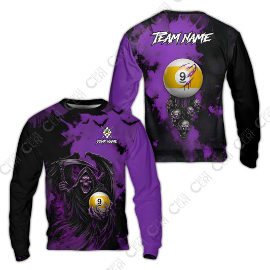 Customized 9 Ball Pool Sweatshirt, Billiard Death Skull Paint Splash 9-Ball, Billiards Jersey