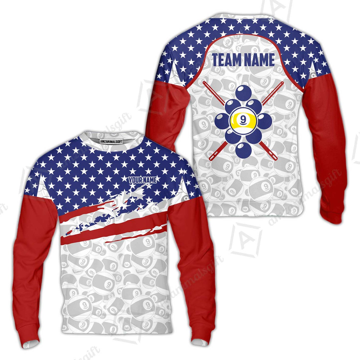 Customized 9 Ball Pool Sweatshirt, American Star Flag Billiard 9-ball, Personalized Billiards Jersey