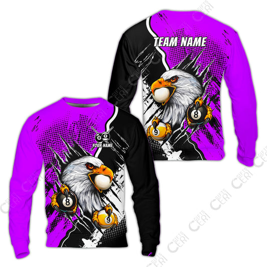 Customized Billiards Sweatshirt, 8 & 9 Ball Billiard Eagle Comic Dot Halftone Background Color, Billiards Jerseys