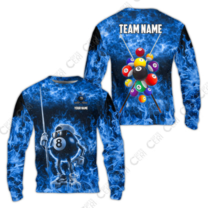 Customized 8 Ball Pool Sweatshirt, 8-Ball Wearing Cap And Sunglasses Flaming Burn, Billiard Jerseys