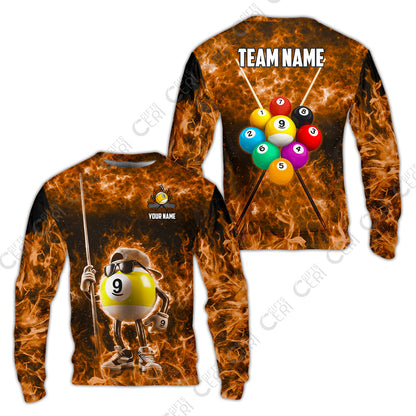 Customized 9 Ball Pool Sweatshirt, 9-Ball Wearing Cap And Sunglasses Flaming Burn, Billiard Jerseys