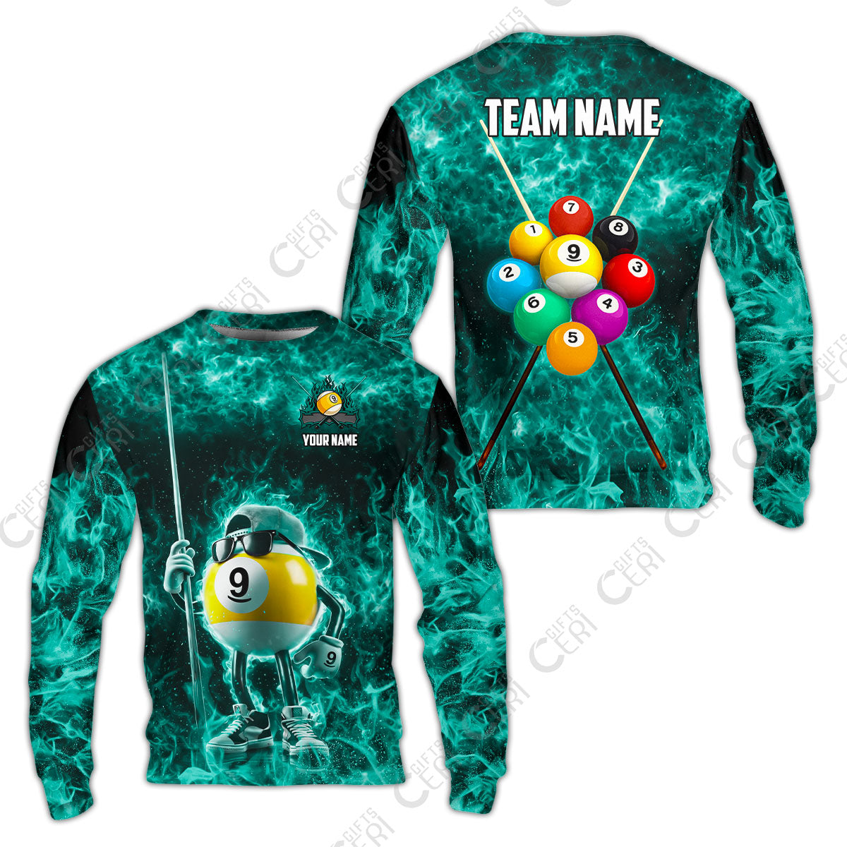 Customized 9 Ball Pool Sweatshirt, 9-Ball Wearing Cap And Sunglasses Flaming Burn, Billiard Jerseys