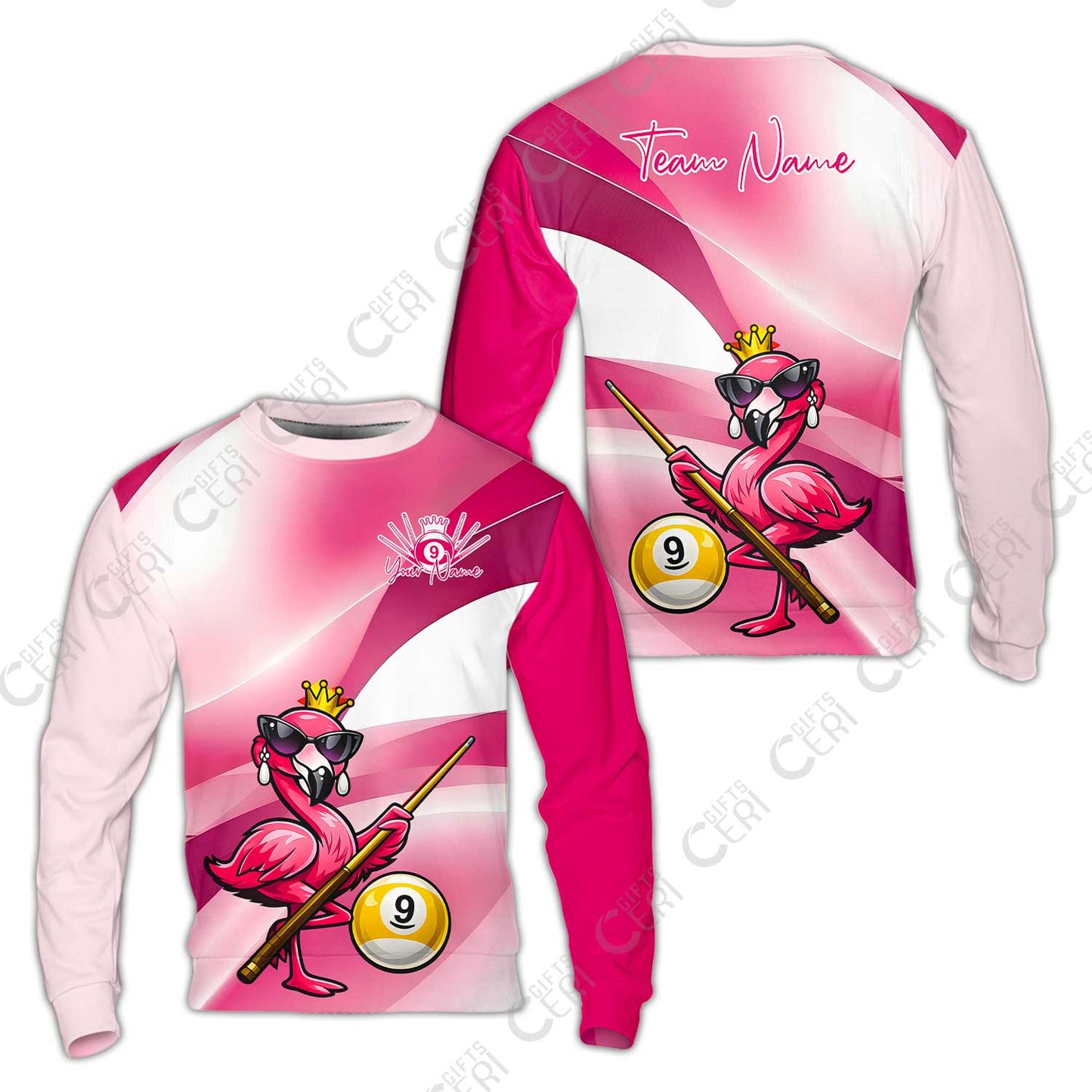 Customized 9 Ball Pool Sweatshirt, Pink Flamingo Billiards 9-Ball, Personalized Billiards Jersey
