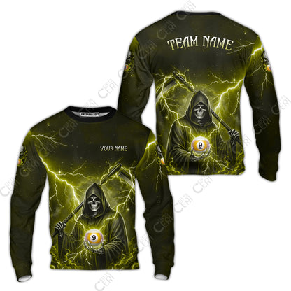Customized 9 Ball Pool Sweatshirt, Lightning And Flame Grim Reaper With 9 Ball, Personalized Billiards Jersey