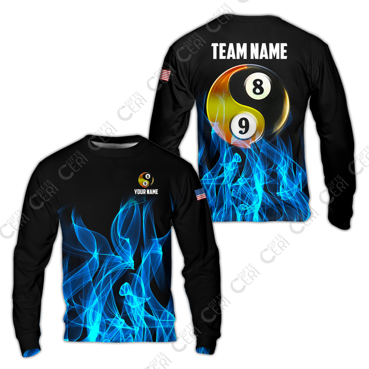 Customized Billiard Sweatshirt, Billiard 8-Ball And 9-Ball Yin-Yang Flame, Billiard Jerseys