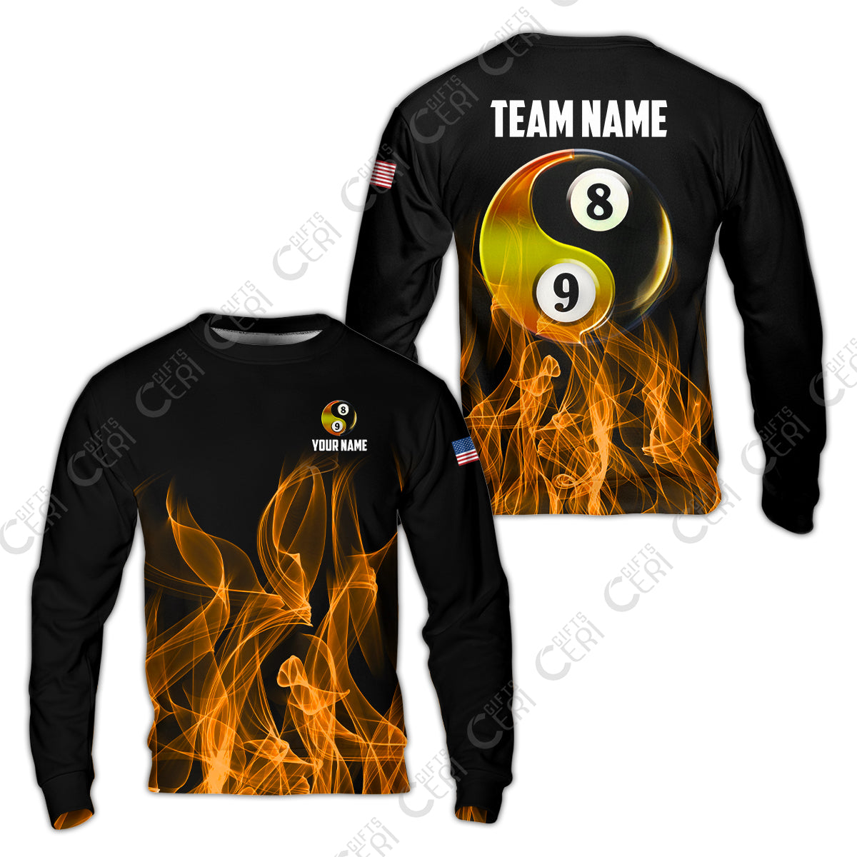 Customized Billiard Sweatshirt, Billiard 8-Ball And 9-Ball Yin-Yang Flame, Billiard Jerseys