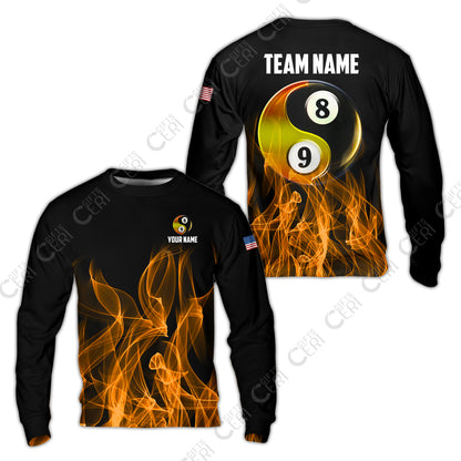 Customized Billiard Sweatshirt, Billiard 8-Ball And 9-Ball Yin-Yang Flame, Billiard Jerseys