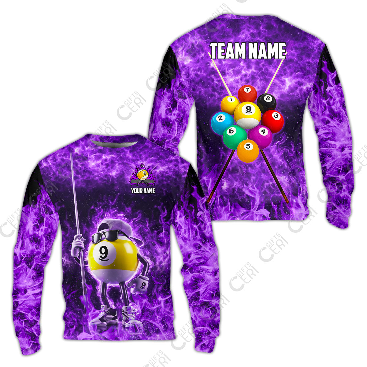 Customized 9 Ball Pool Sweatshirt, 9-Ball Wearing Cap And Sunglasses Flaming Burn, Billiard Jerseys