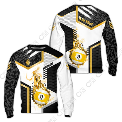 Customized 9 Ball Pool Sweatshirt, Flaming 9-Ball Graphic, Billiards Jersey