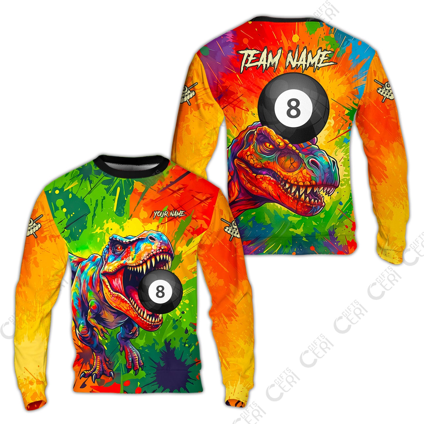 Customized 8 Ball Pool Sweatshirt, Dinosaur Colorful Splash Paint Billiard 8-Ball, Personalized Billiards Jersey