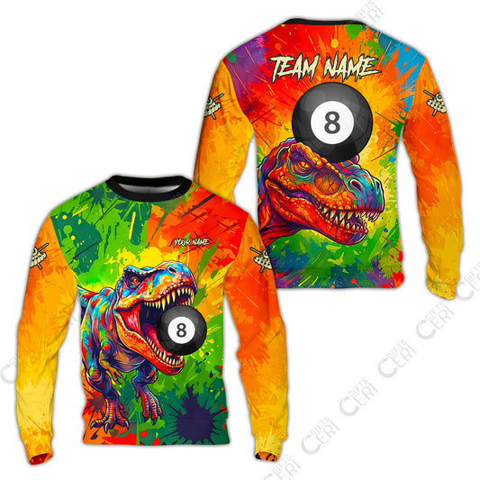 Customized 8 Ball Pool Sweatshirt, Dinosaur Colorful Splash Paint Billiard 8-Ball, Personalized Billiards Jersey