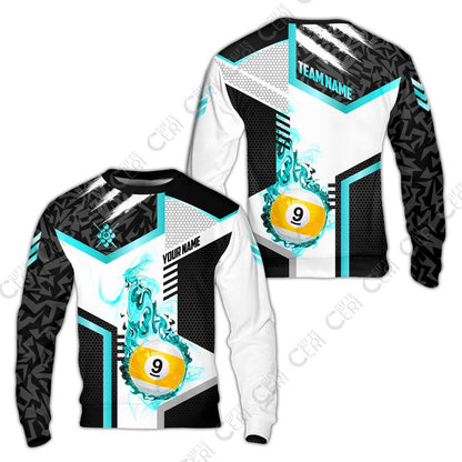 Customized 9 Ball Pool Sweatshirt, Flaming 9-Ball Graphic, Billiards Jersey