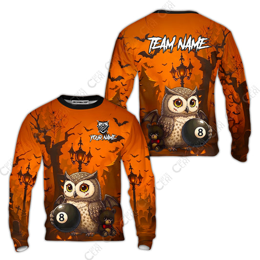Customized 8 Ball Pool Sweatshirt, Halloween Owl Holding 8-Ball, Personalized Billiards Jersey