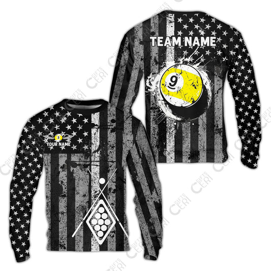 Customized 9 Ball Pool Sweatshirt, Distressed American Flag Pattern, Billiards Jerseys