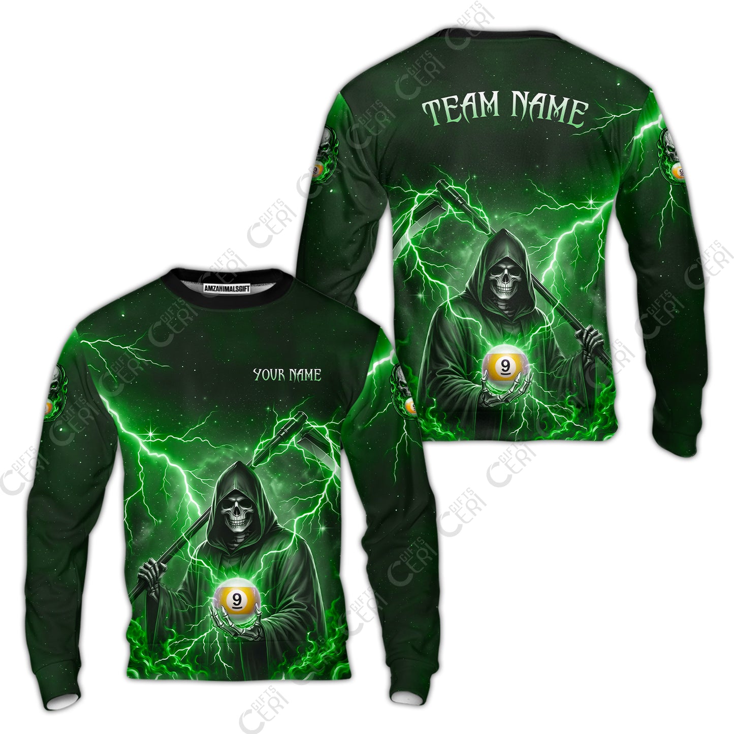 Customized 9 Ball Pool Sweatshirt, Lightning And Flame Grim Reaper With 9 Ball, Personalized Billiards Jersey