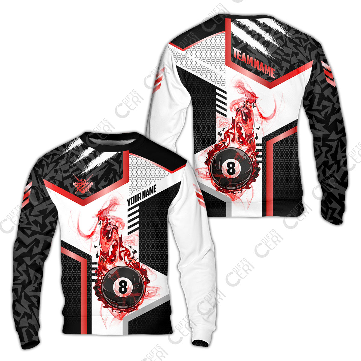 Customized Billiards Sweatshirt, Flaming 8-Ball Graphic, 8 Ball Pool Jersey