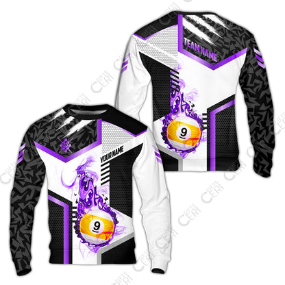 Customized 9 Ball Pool Sweatshirt, Flaming 9-Ball Graphic, Billiards Jersey