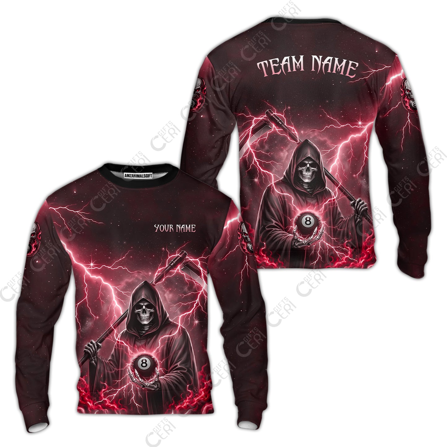 Customized 8 Ball Pool Sweatshirt, Lightning And Flame Grim Reaper With 8 Ball, Personalized Billiards Jersey